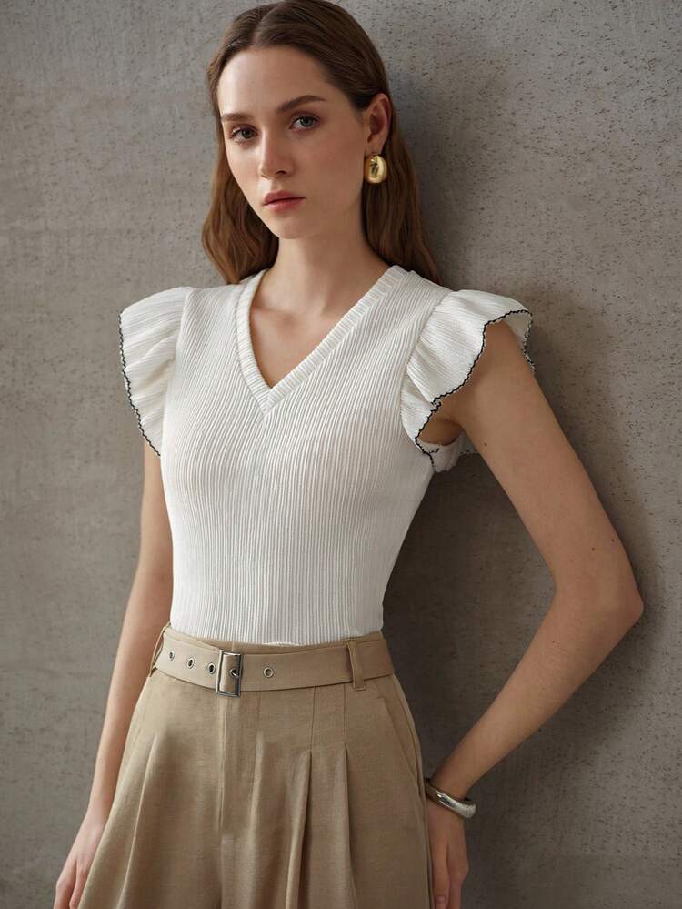 WOMEN'S FASHION SIMPLE RUFFLE TRIM V-NECK T-SHIRT