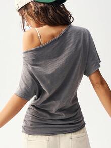 Bohemela 女士纯色不对称领休闲时尚短袖T恤 - 灰色 - 查看 9