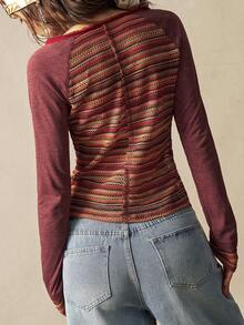 Bohemela Women's Spring/Summer Vacation Beach Casual Bohemian Patchwork Striped Crochet Patchwork Raglan Sleeve Button-Up T-Shirt,Summer Holiday Outfits,Summer Tops , Spring Outfit Women,Beach Outfits For Women