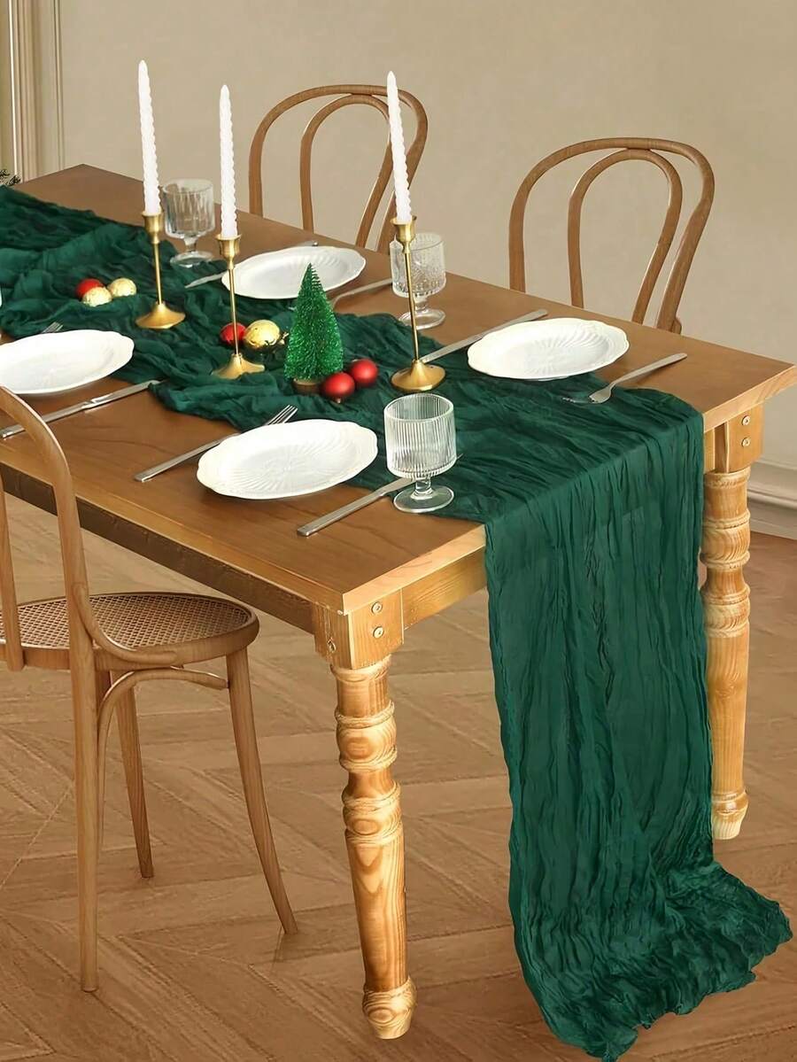 1pc Pleated Cheesecloth Table Runner, Suitable For Wedding, Bridal, Birthday Party Long And Round Dining Table Centerpiece Decor - Christmas Green - View 1