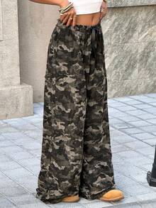 Muchica 女士时尚休闲迷彩针织阔腿裤 - 橄欖綠 - 查看 6