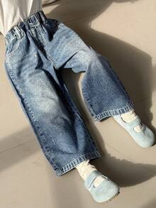 DAZY 女童（小号）休闲水钻装饰宽松牛仔裤 - 深色水洗藍 - 查看 6