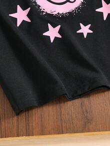 SHEIN Genkimix Kids Young Girl T-Shirt With Letter, Star, Smiling Face Print, Short Sleeve Top, Cute Pattern, Casual & Comfortable, Suitable For Spring, Summer, All Seasons, Black T-Shirt Kids Girl Loose Sweet Cute Top Loose Sweet Shirt For Girls Kid Cute Tops - Black - View 10