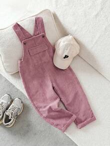 女童灯芯绒休闲纽扣口袋背带连体裤 - 粉色 - 查看 6