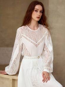 MOTF PREMIUM WOMEN'S ROMANTIC LACE PATCHWORK ROUND NECK LONG SLEEVE BLOUSE, SPRING/SUMMER - White - View 6