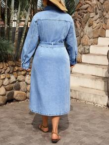 EMERY ROSE Plus Size Women's Casual American Street Style Drawstring Denim Dress - Medium Wash - View 2