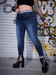 SHEIN ICON Plus Slant Pocket Elastic Waist Jeans - Dark Wash - View 5