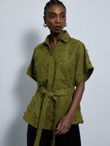 Aveloria Modichic Tissu jacquard à franges, décoration de poche, chemise ample avec col à cordon de serrage à la taille et boutons - Vert - Voir 4