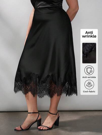 Chikora Plus Size Women's Satin Contrast Lace Hem Elegant Skirt, Suitable For Office And Casual Wear Office Attire For Women Work Outfits For Women Work Tops For Women Carnival Costume Carnival Women Look 2026 Women Carnival Costume Carnival Outfit Carnival Costume For Women Women's Carnival Costume Spring Outfits For Women Spring Outfit Women Spring Break Outfits Plus Size Skirt Skirts For Women Black White Skirt Skirts For Women Plus Size Elegantes Skirt