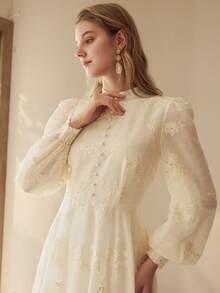 MOTF PREMIUM WOMEN'S ELEGANT FLORAL EMBROIDERED DRESS - Apricot - View 6