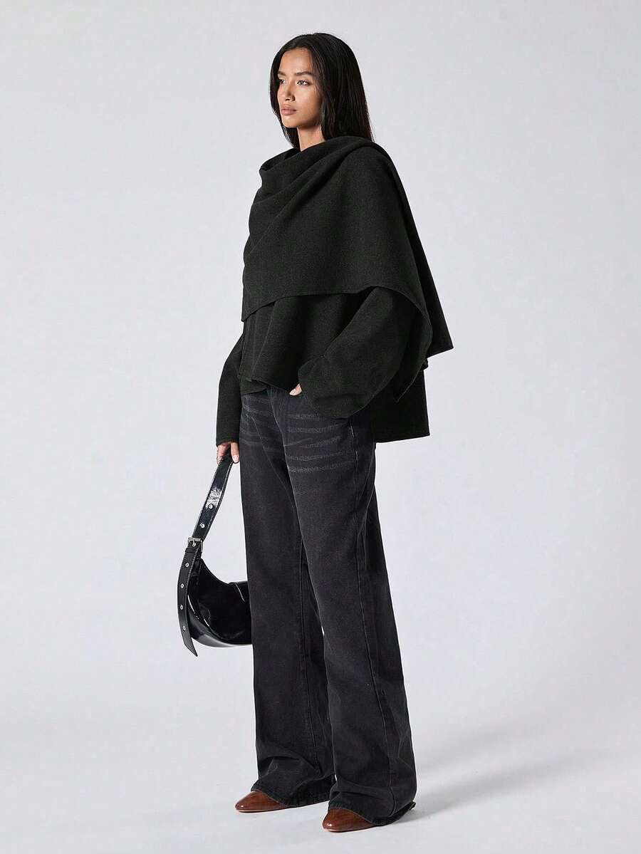 LYSMO 简约时尚休闲斗篷，适合秋冬季日常穿着 - 黑色 - 查看 1