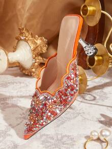 CUCCOO TILAWA Zapatos de tacón de aguja con puntera puntiaguda, con brillantes, para mujer, para fiestas - Naranja - Ver 3