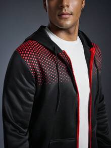 Driftmere Men's Casual Gradient Polka Dot Print Kangaroo Pocket Zip-Up Hoodie, Long Sleeve Top - Black - View 6