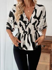 SHEIN LUNE Women's Fashion Casual Shirred Cinched Waist Blouse - Apricot - View 4