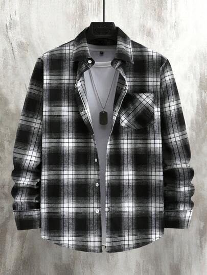 Manfinity Homme 男士休闲日常通勤学院风格子印花拼接口袋长袖衬衫，春秋季