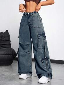 Rivivi 女士休闲时尚街头风按扣翻盖口袋宽松阔腿牛仔裤 - 藍色 - 查看 3