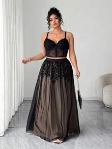 Elenzga Plus Size Women's Positioning Printed Black Mesh Skirt, & Elegant For Autumn/Winter,Wedding,Graduation,Holidays,Valentine's Day,Parties,Outings - Black - View 6