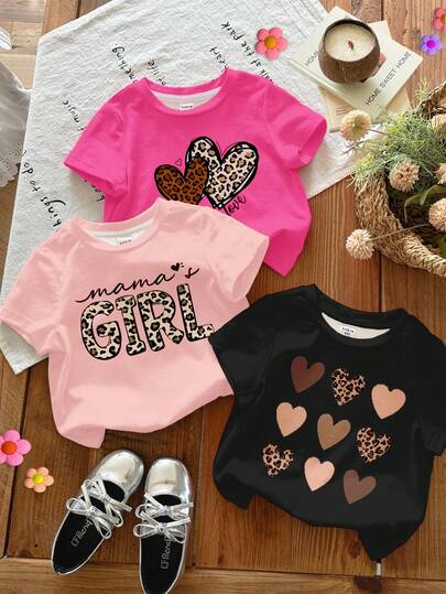 3pcs Cute "Mama's Girl" Letter, Leopard Heart Print, Cream Color Scheme, Young Girl Casual Minimalist Crew Neck Short Sleeve Basic T-Shirt, Suitable For Spring/Summer, Daily Wear, Home, Outings, Farm, Back To School
