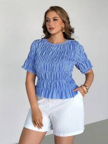 Auralis Plus-Size Blue And White Striped Short-Sleeved Shirt,Elegant Summer Tea Party Blouse,Ladies' Round Neck Elasticated Pleated Tops With Ruffled Hem - Blue and White - View 6