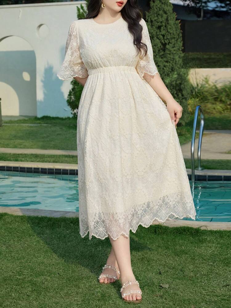Dazy Plus Valentine Elegant Lace Round Neck Short Sleeve Flare Sleeve Waist Cinched Apricot Dress, Long Length Plus Size Women Spring/Summer Sundress