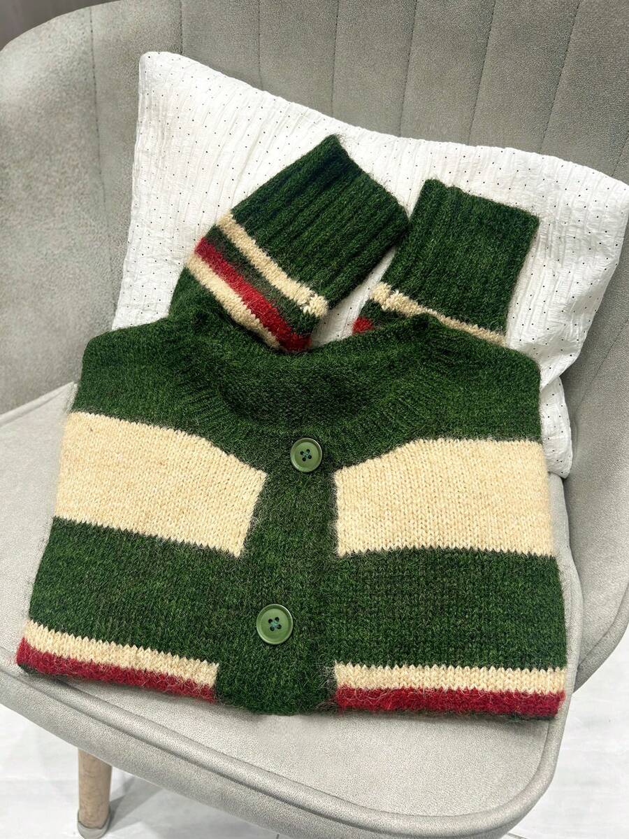 INAWLY Contrast Stripe Knit Cardigan For Women, Soft & Cozy Short Sweater Jacket With Elegant Vibe, Autumn