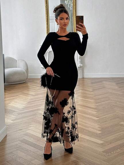 Spring&Summer Black Hollow-Out Twist Design Elegant Lace&Mesh Patchwork Fishtail Midi Dress,Black Floral,Autumn,Seductive,Night Out Wedding Guest
