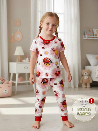 2件套女童亮丽瓢虫雏菊印花圆领针织弹力连体衣上衣和裤子休闲家居服套装