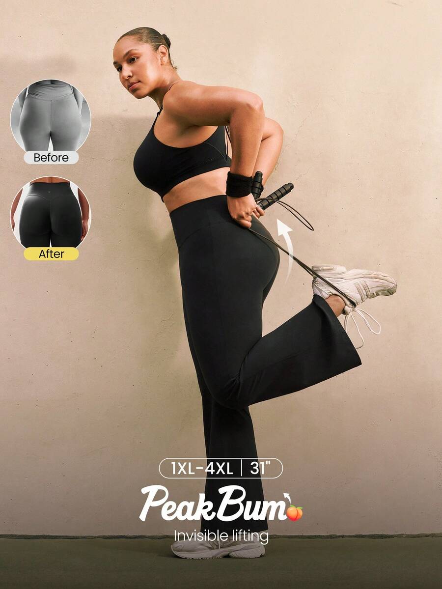 GLOWMODE 31" Plus Size FeatherFit™-Sculpt Peakbum Full Flare Sweat-Wicking Compressive Invisible Butt Lifting Leggings Medium Impact Workout Running Training Gym Daily Active Wear - Black - View 1
