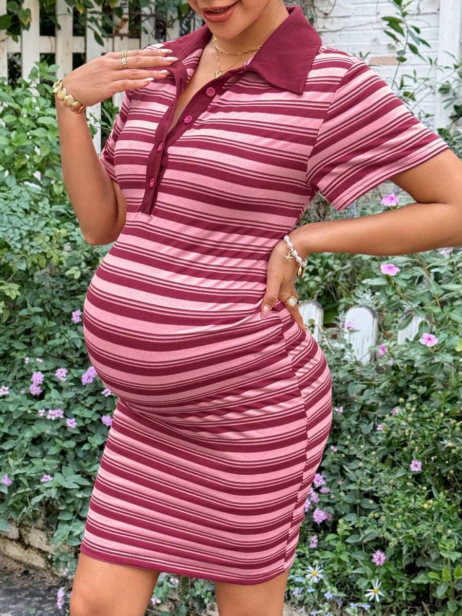 SHEIN 孕妇条纹纽扣半开襟短袖休闲哺乳连衣裙 - 粉色 - 查看 1