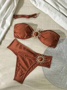 Swim SXY Swim Vcay 纯色金属装饰细肩带系带女士夏季度假泳装套装 - 鏽棕色 - 查看 2