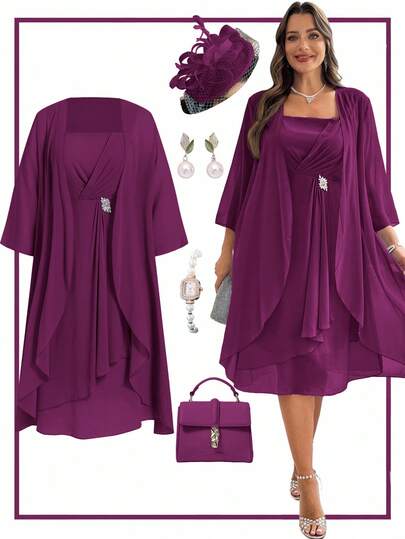 Ellevyn Plus Size Solid Color Camisole Wrap Dress And Jacket Elegant Suit