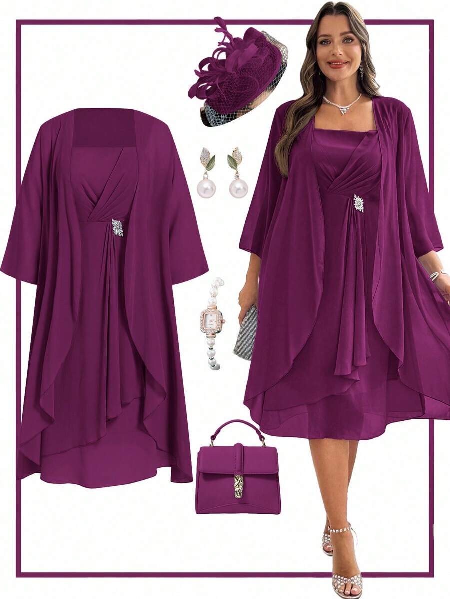 Ellevyn Plus Size Solid Color Camisole Wrap Dress And Jacket Elegant Suit - Red Violet - View 1