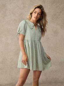 WESTFADE Eyelet Ruffle Peter Pan Collar Notch Neck Short Puff Sleeve Checkered Grid Plaid Babydoll Mini Dress - Multicolor - View 4