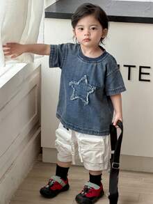 DAZY Toddler Boys' Round Neck Five-Pointed Star Korean Style Washed Denim Streetwear - Blue - View 9