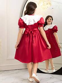 Serisse Kids Tween-Mädchen Kleid im Prinzessinnenstil mit abnehmbarem Kontrast-Rüschenkragen und aufgeblähten Ärmeln in Rot - Rot - Übersicht 10