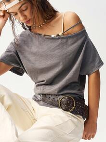 Bohemela 女士纯色不对称领休闲时尚短袖T恤 - 灰色 - 查看 4