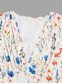 Elenzga New V-Neck Ruched Bust Ruffled Sleeve Waist Cinched Elegant Ditsy Floral Mini Dress For Women - Multicolor - View 4