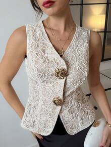 Lavishia Women's Sleeveless Metal Rose Button Shirt, French Style, Casual & Office Wear, High-End Summer Blouse  Summer Tops Valentine's Day Elegant White Top White Elegant Top Lace White Top Women Tops Elegant White Vest For Women Womens Tops Dressy