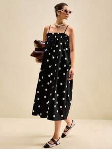 Muvela Women's Polka Dot Spaghetti Strap Dress, Fashionable Summer Vacation Dress, Elegant Ladies Summer Dress - Black - View 1