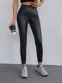 EURMUSE Tall Tall Size High Waist PU Leggings - Black - View 3