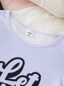 4件套少女粉色字母印花长裤（带心形图案）+黑色字母印花T恤（带星形图案）短裤，紧身家居服 - 彩色 - 查看 5