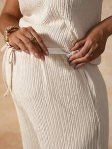 Boho Mama 两件套孕妇夏季休闲度假纯色背心和裤子套装 - 杏色 - 查看 5