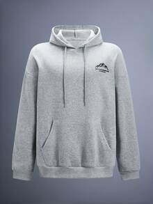 Driftmere 男士秋冬简约山景印花口袋抽绳连帽卫衣，长袖上衣 - 灰色 - 查看 2