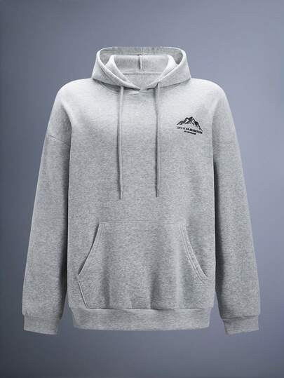 Driftmere 男士秋冬简约山景印花口袋抽绳连帽卫衣，长袖上衣