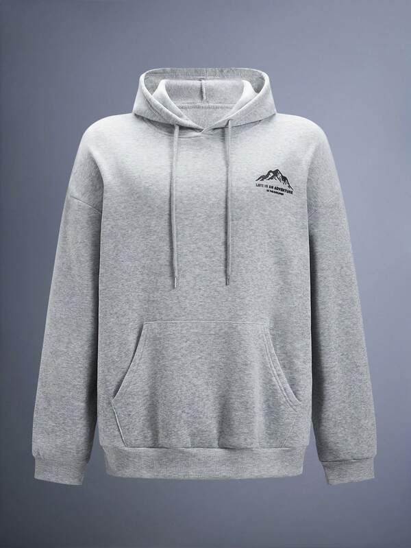 Driftmere 男士秋冬简约山景印花口袋抽绳连帽卫衣，长袖上衣