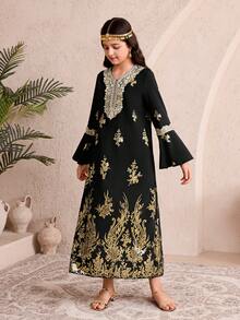 فستان كم طويل بطباعة بسيطة للفتيات المراهقات - الأسود - مشاهدة 4