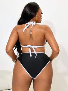 Slaydiva Plus Size Women Sexy Bikini 2 Pieces Set, Halter Neck, Fashionable Gold Lemon Print, Beach Party Swimwear - Black and White - View 2