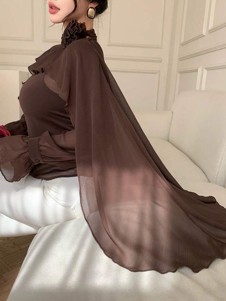 Spring & Summer Chiffon Blouse With Floral Decor, Ruffle Hem, Casual Beach Vacation Style, Elegant For Work, Suitable For Valentine's Day, Wedding