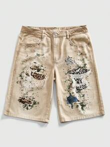 ROMWE MEN Street Life Men's Wasteland Leopard Print Pocket Casual Denim Shorts - Brown - View 8