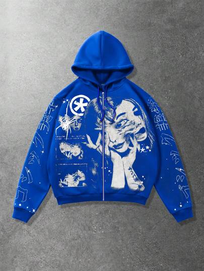 Anime Sweat-shirt à capuche zippé à manches longues avec imprimé portrait de rue pour hommes